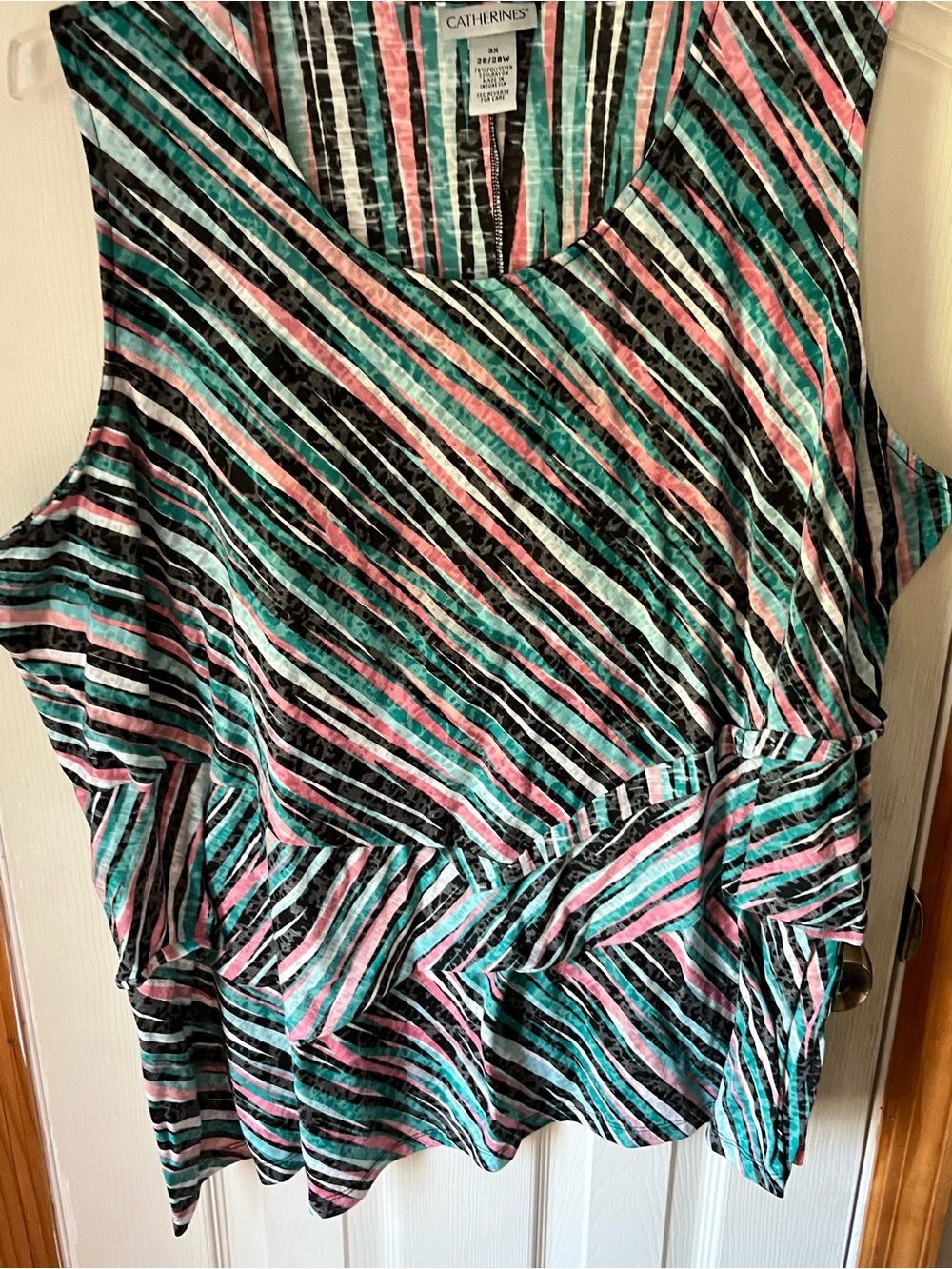 Catherines Multicolor Striped Ruffle Tank - Teal, Pink, Black, White